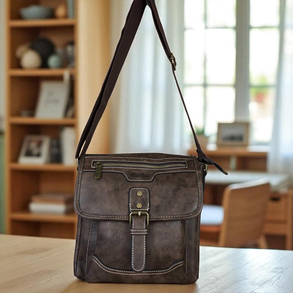 COFFEE BROWN PU Leather Cotton Road Sling Bag with BUCKLE detailing