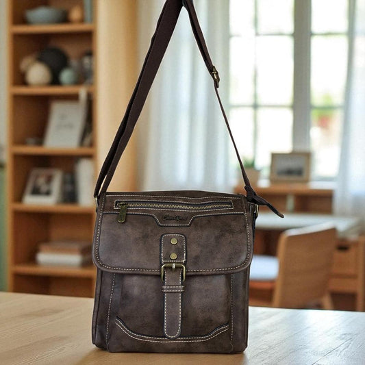 COFFEE BROWN PU Leather Cotton Road Sling Bag with BUCKLE detailing