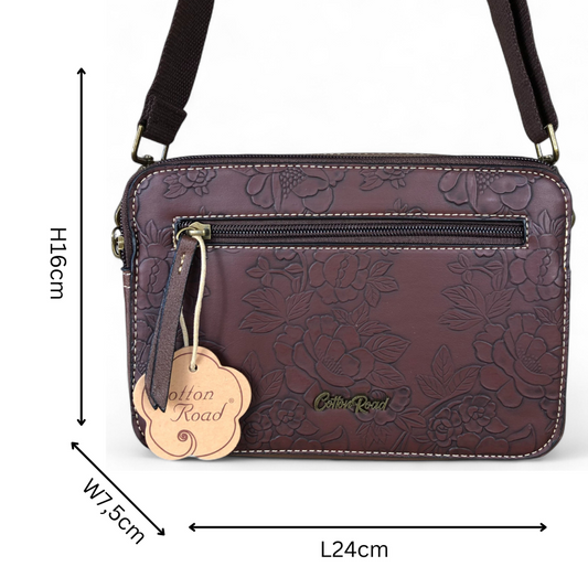 COFFEE BROWN PU Leather Cotton Road Sling Bag with EMBOSSED FLOWERS