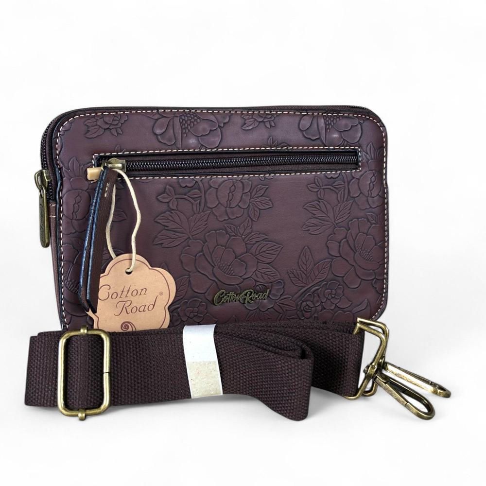 COFFEE BROWN PU Leather Cotton Road Sling Bag with EMBOSSED FLOWERS