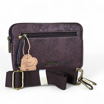 COFFEE BROWN PU Leather Cotton Road Sling Bag with EMBOSSED FLOWERS