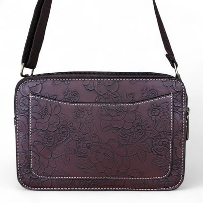 COFFEE BROWN PU Leather Cotton Road Sling Bag with EMBOSSED FLOWERS