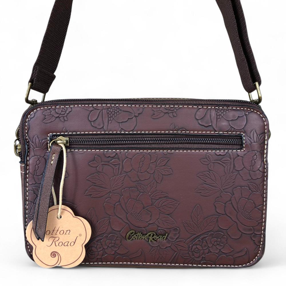 COFFEE BROWN PU Leather Cotton Road Sling Bag with EMBOSSED FLOWERS