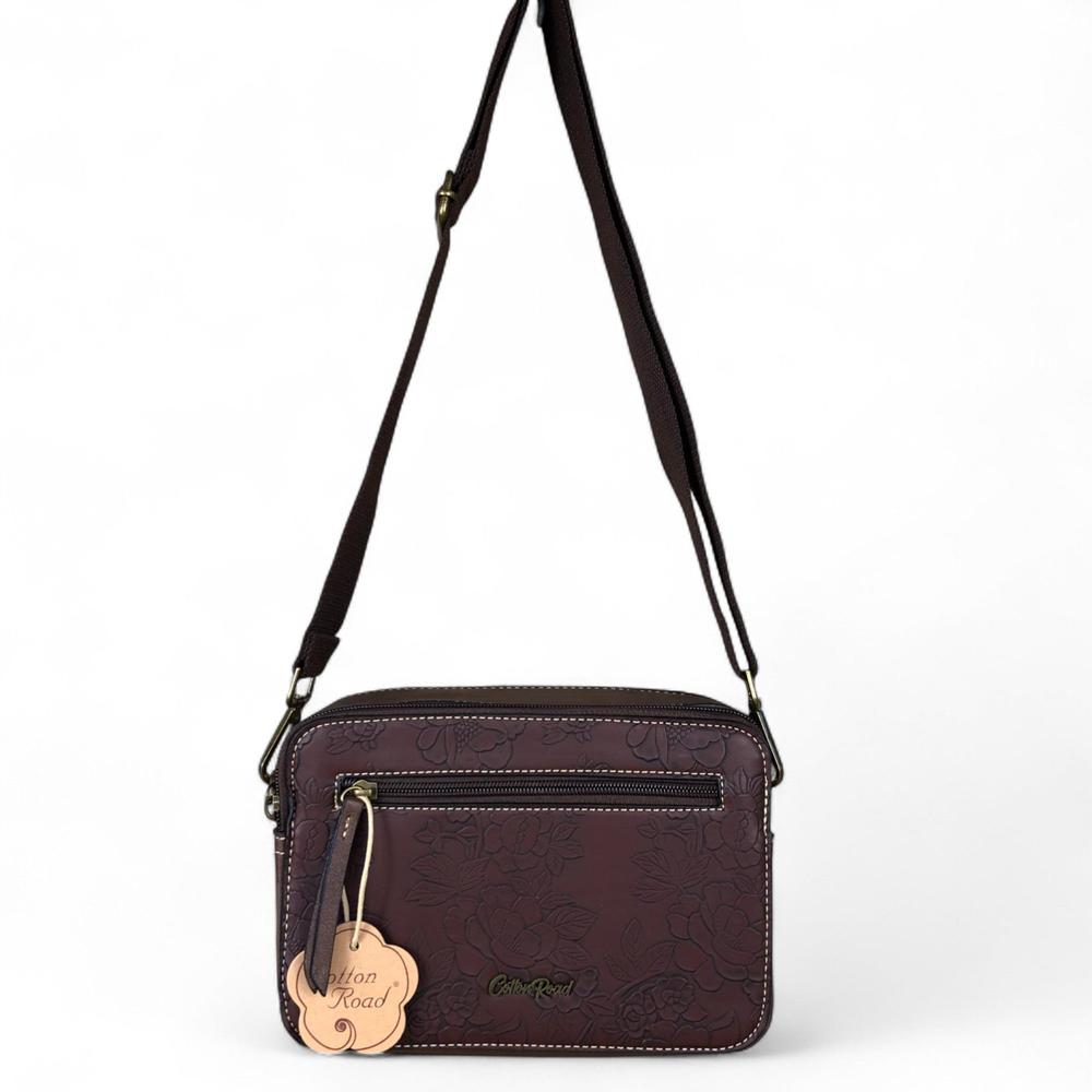 COFFEE BROWN PU Leather Cotton Road Sling Bag with EMBOSSED FLOWERS