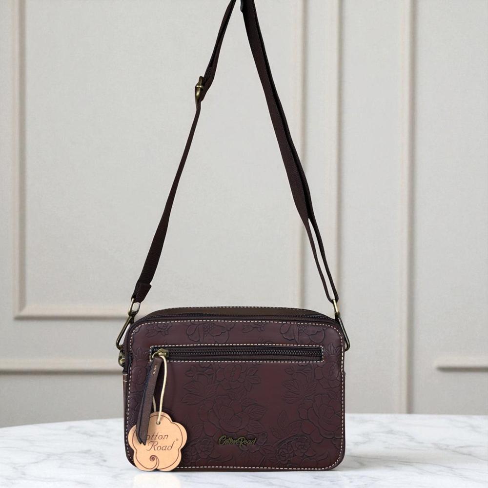 COFFEE BROWN PU Leather Cotton Road Sling Bag with EMBOSSED FLOWERS