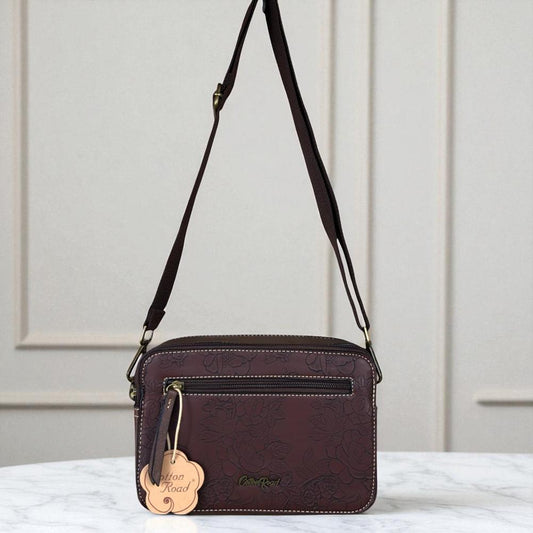 COFFEE BROWN PU Leather Cotton Road Sling Bag with EMBOSSED FLOWERS