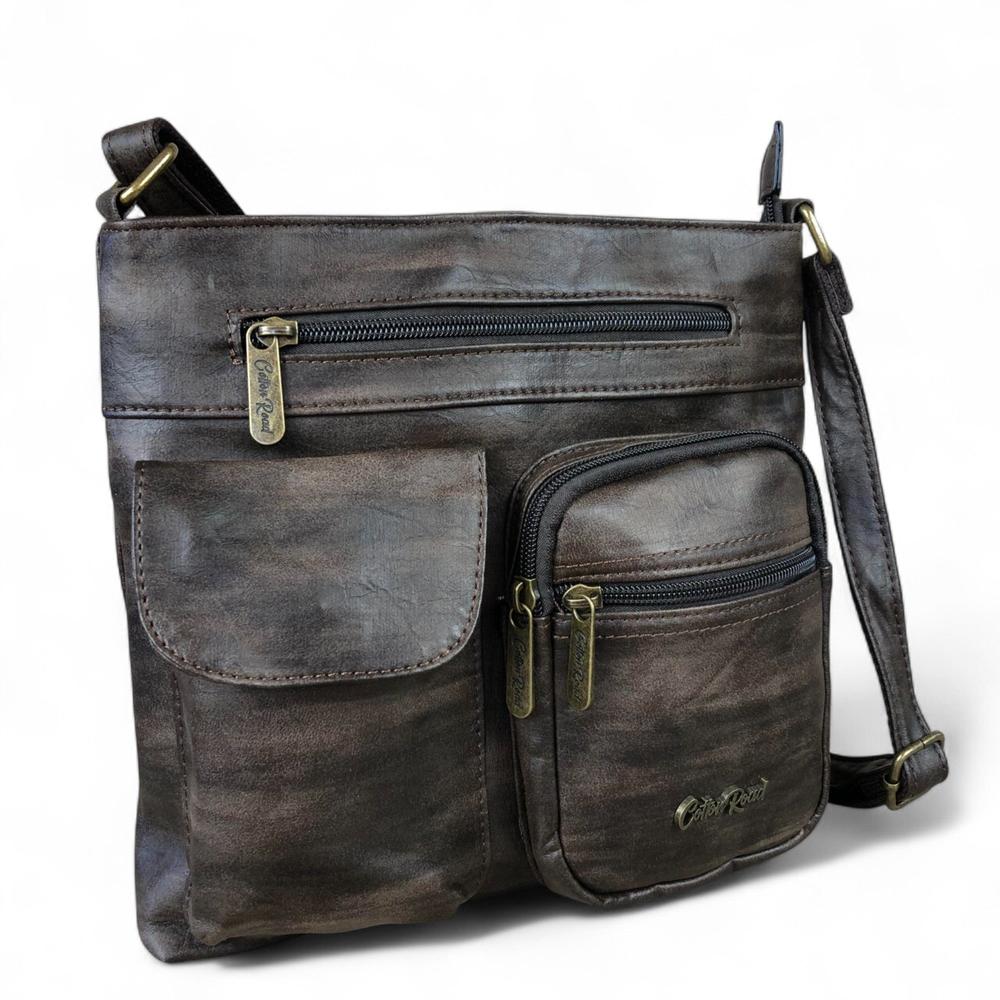 COFFEE BROWN PU Leather Cotton Road Sling Bag with Pockets