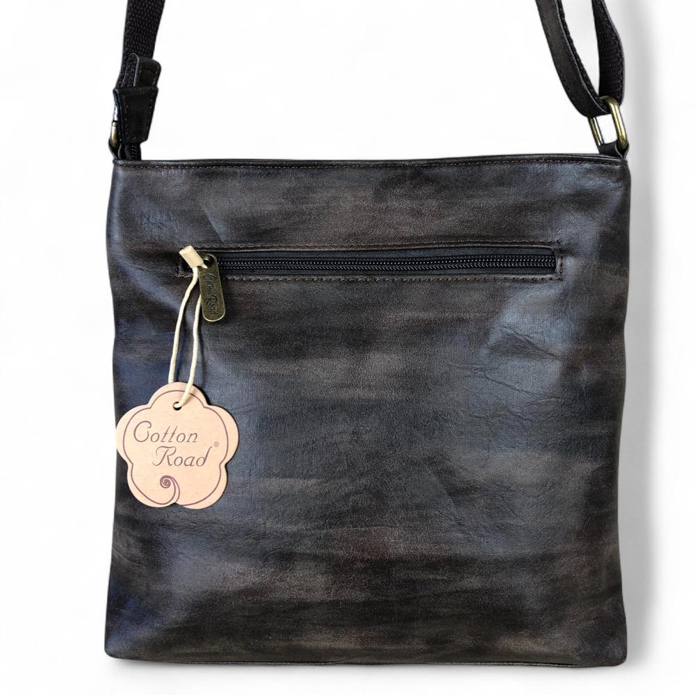 COFFEE BROWN PU Leather Cotton Road Sling Bag with Pockets