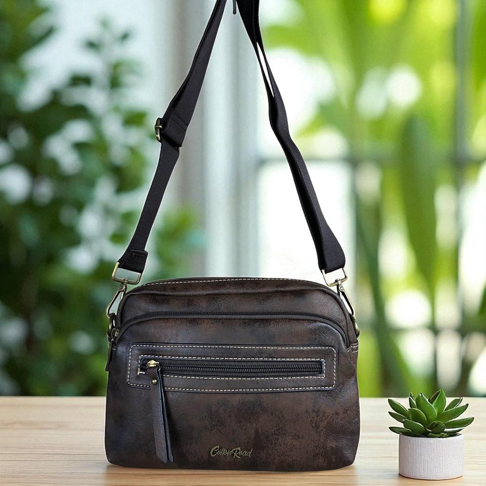 COFFEE BROWN PU Leather Cotton Road Sling Bag