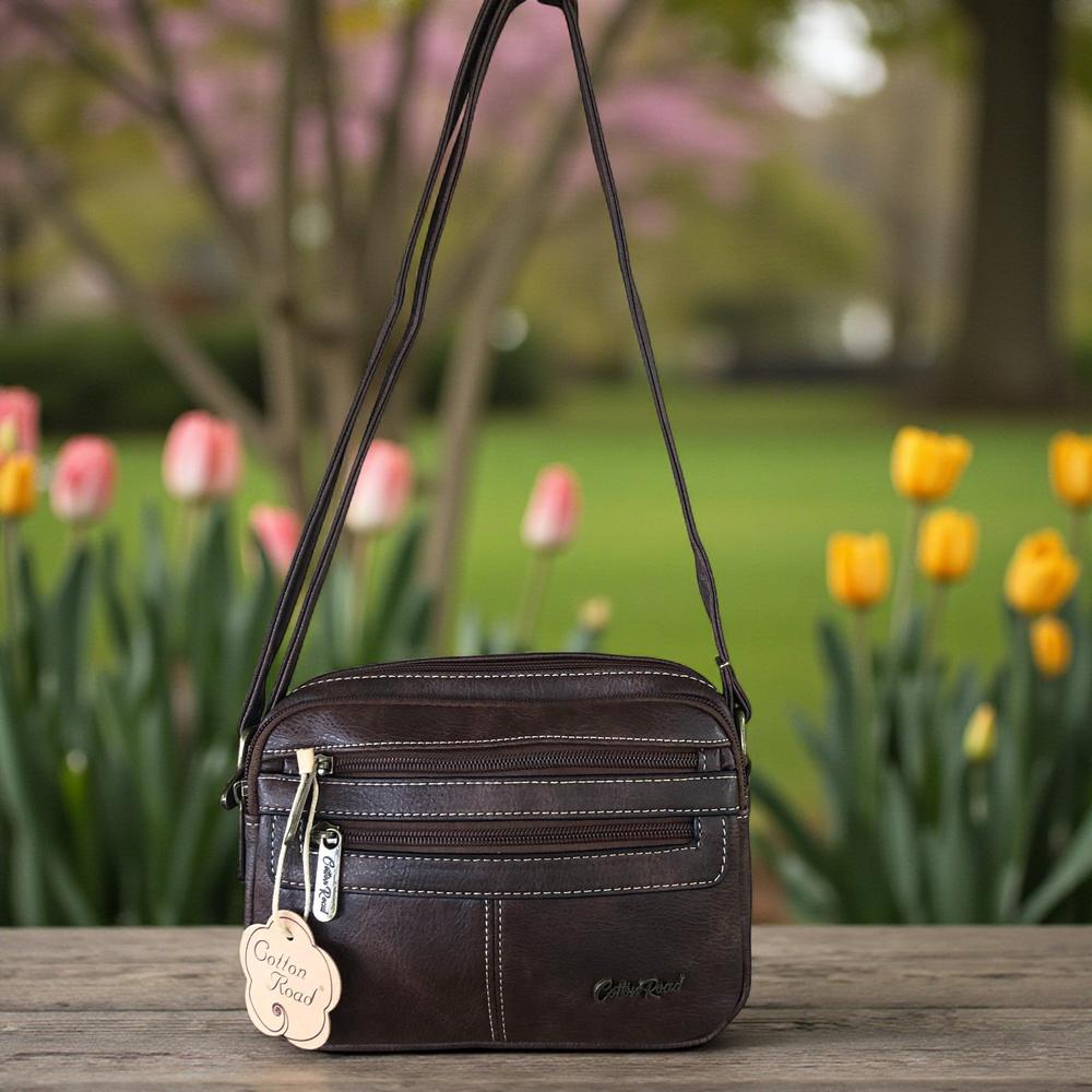 COFFEE BROWN PU Leather Cotton Road Sling Bag