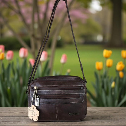 COFFEE BROWN PU Leather Cotton Road Sling Bag