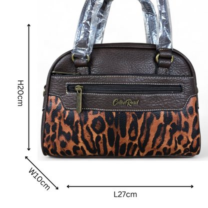 COFFEE YELLOW BROWN PU Leather Cotton Road Handbag with LEOPARD PRINT Panel