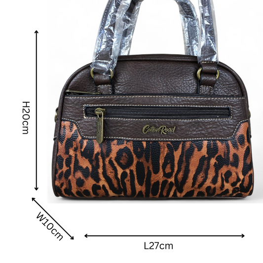 COFFEE YELLOW BROWN PU Leather Cotton Road Handbag with LEOPARD PRINT Panel