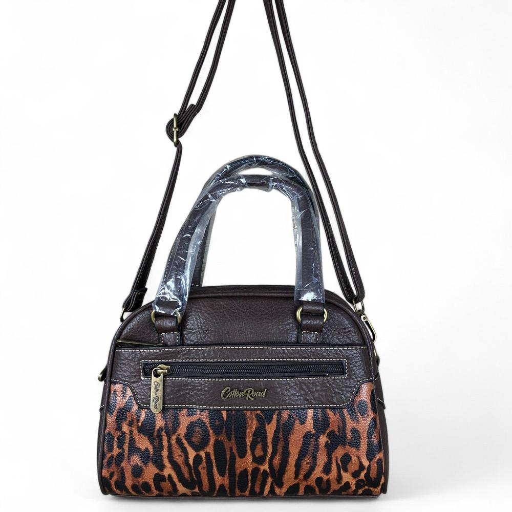 COFFEE YELLOW BROWN PU Leather Cotton Road Handbag with LEOPARD PRINT Panel