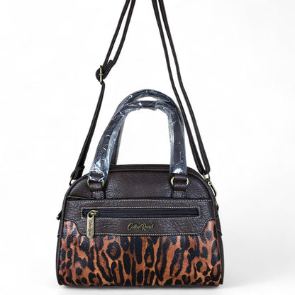COFFEE YELLOW BROWN PU Leather Cotton Road Handbag with LEOPARD PRINT Panel