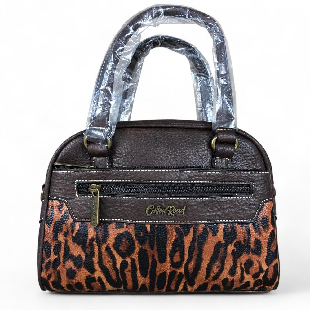 COFFEE YELLOW BROWN PU Leather Cotton Road Handbag with LEOPARD PRINT Panel