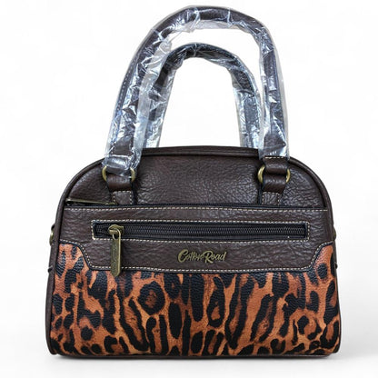 COFFEE YELLOW BROWN PU Leather Cotton Road Handbag with LEOPARD PRINT Panel