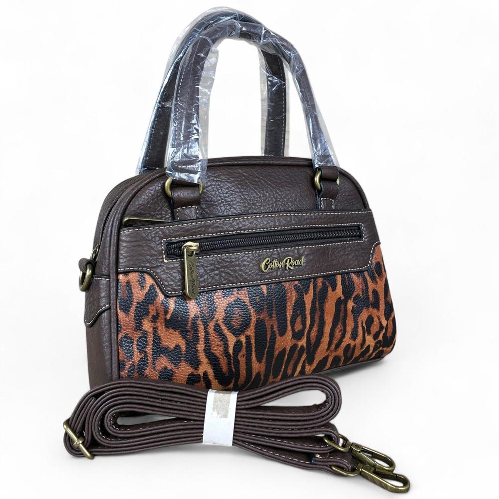 COFFEE YELLOW BROWN PU Leather Cotton Road Handbag with LEOPARD PRINT Panel