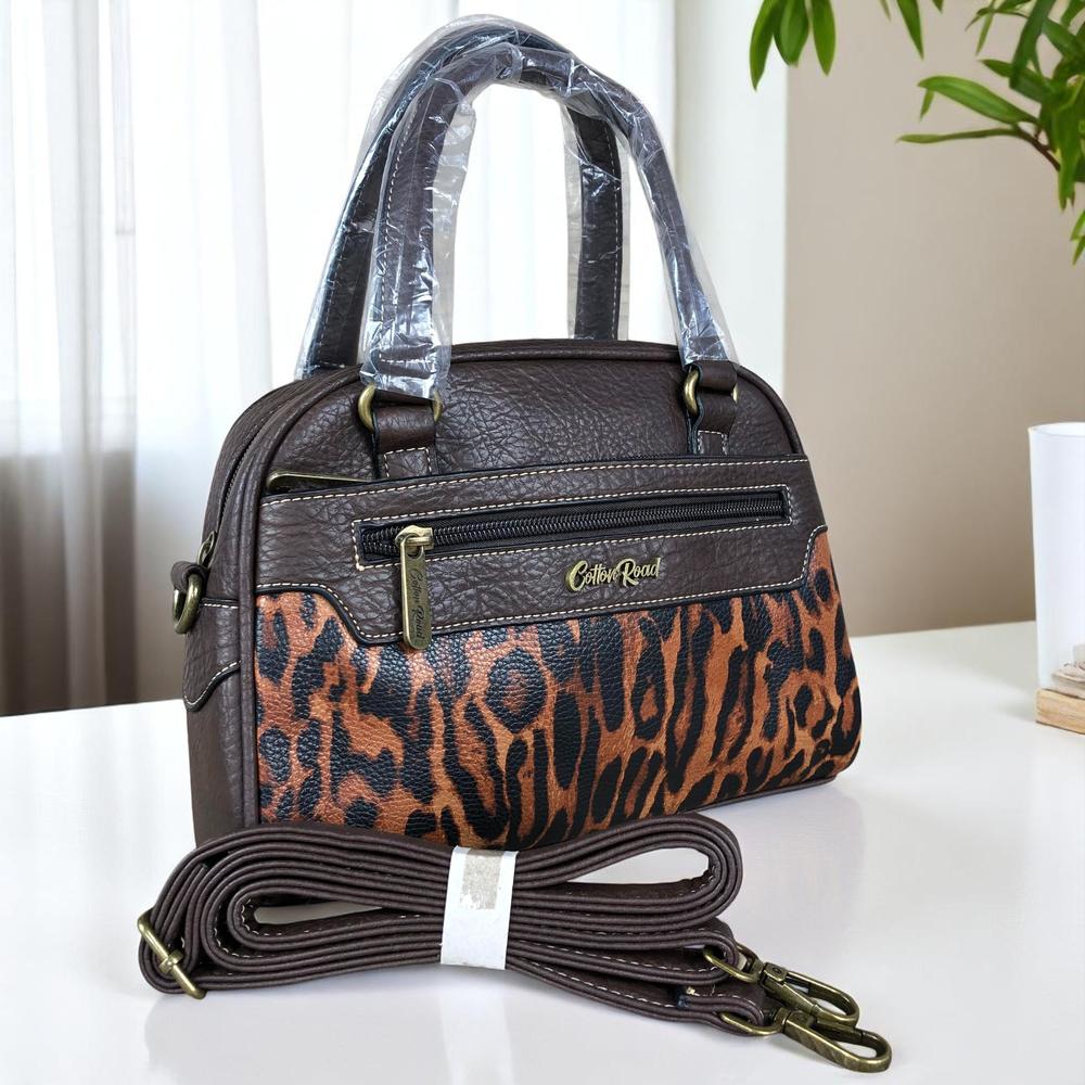COFFEE YELLOW BROWN PU Leather Cotton Road Handbag with LEOPARD PRINT Panel