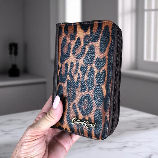 COFFEE YELLOW Medium Cotton Road PU Leather Wallet with LEOPARD Print detailing