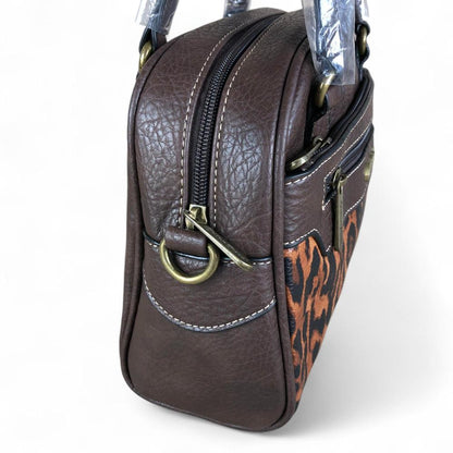 Cotton Road Handbag: COFFEE YELLOW PU Leather Handbag with LEOPARD PRINT Panel