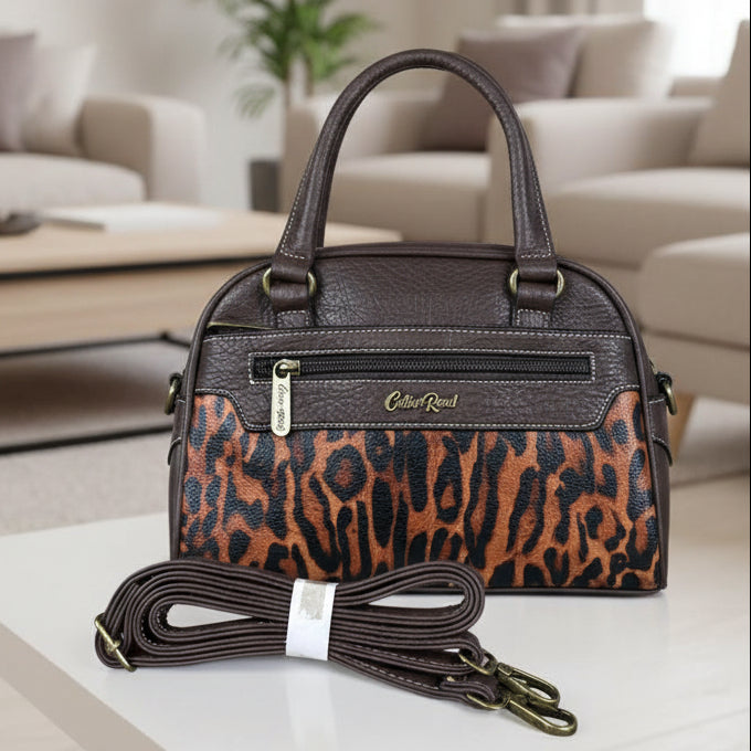 Cotton Road Handbag: COFFEE YELLOW PU Leather Handbag with LEOPARD PRINT Panel