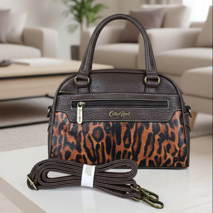 Cotton Road Handbag: COFFEE YELLOW PU Leather Handbag with LEOPARD PRINT Panel