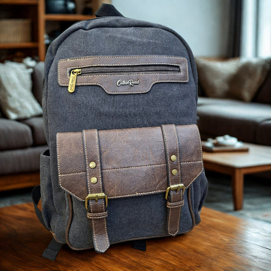 COTTON ROAD BACKPACK: BLACK Canvas and Pu Leather Travel Backpack HERO DETAIL