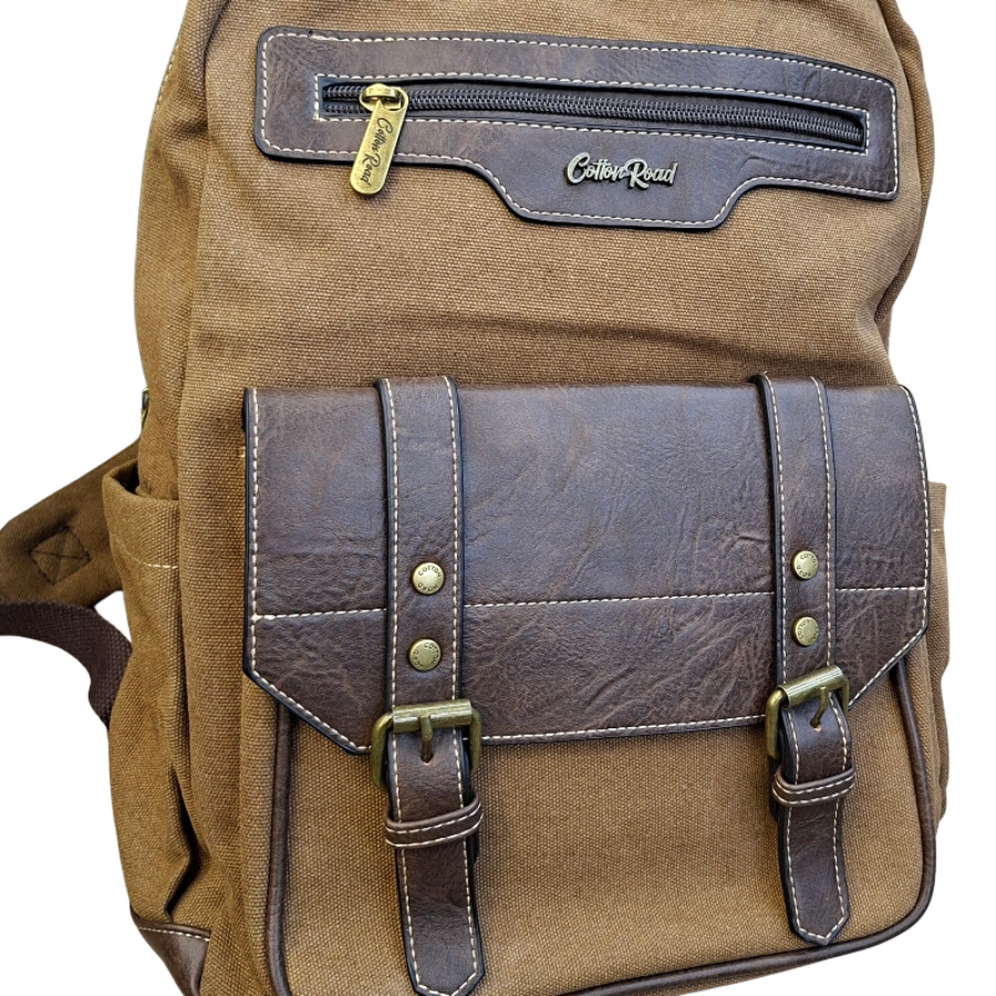 COTTON ROAD BACKPACK: BROWN Canvas and Pu Leather Travel Backpack FRONT DETAIL