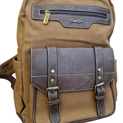 COTTON ROAD BACKPACK: BROWN Canvas and Pu Leather Travel Backpack FRONT DETAIL