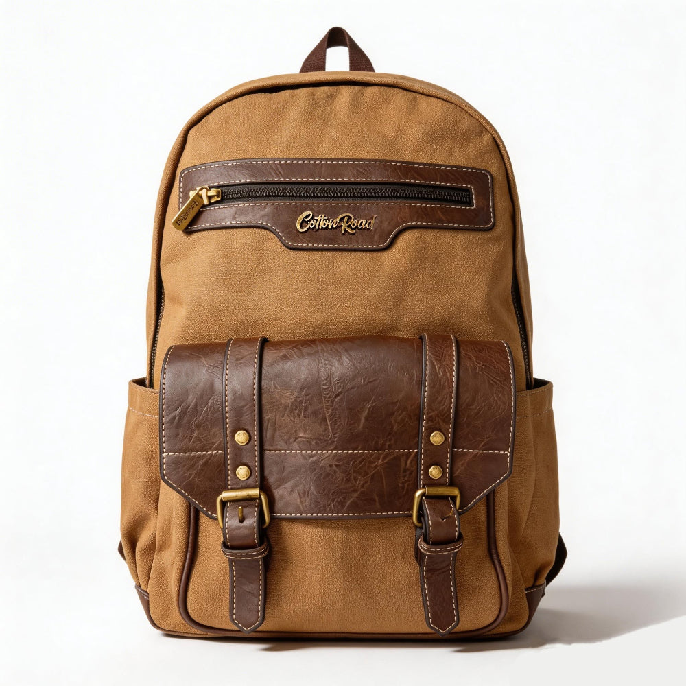 COTTON ROAD BACKPACK: BROWN Canvas and Pu Leather Travel Backpack FRONT NEAR VIEW
