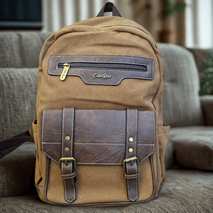 COTTON ROAD BACKPACK: BROWN Canvas and Pu Leather Travel Backpack HERO