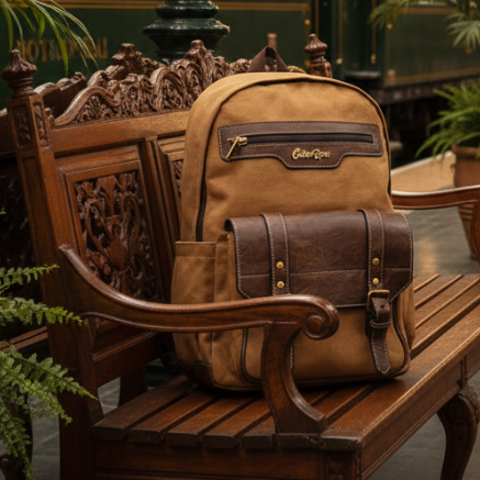 COTTON ROAD BACKPACK: BROWN Canvas and Pu Leather Travel Backpack HERO VIEW