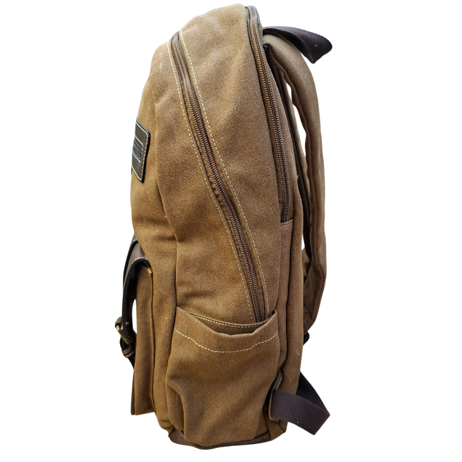 COTTON ROAD BACKPACK: BROWN Canvas and Pu Leather Travel Backpack SIDE VIEW