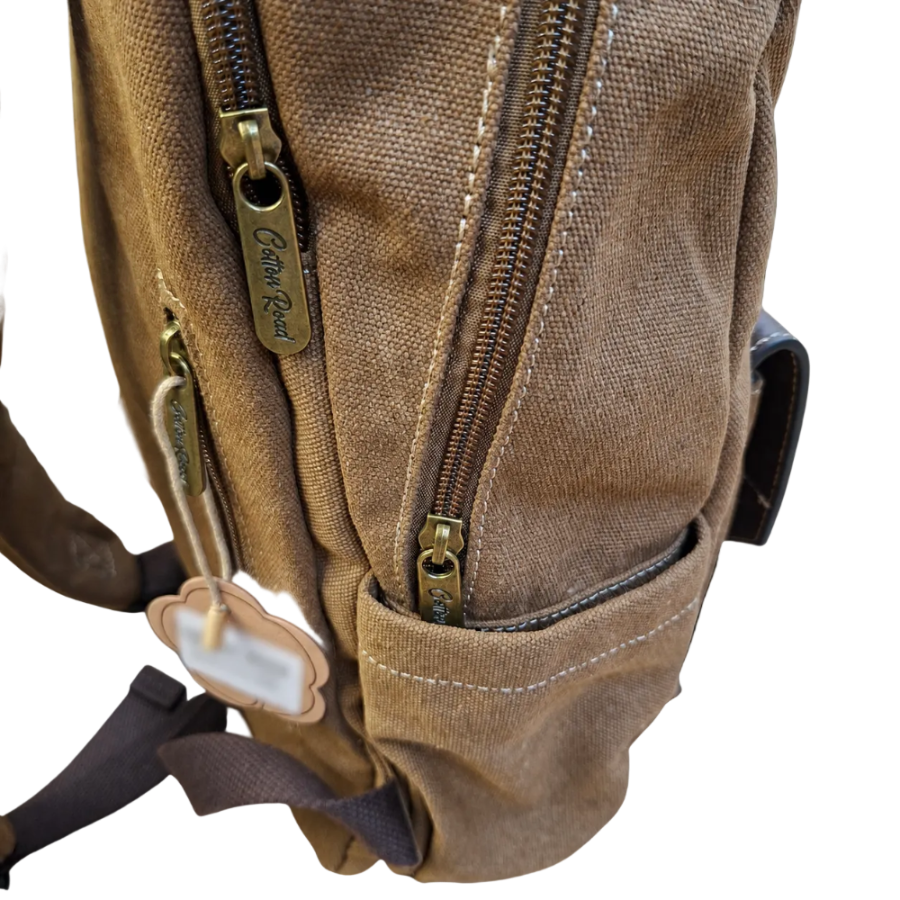 COTTON ROAD BACKPACK: BROWN Canvas and Pu Leather Travel Backpack SIDE VIEW NEAR