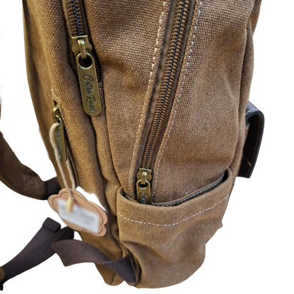 COTTON ROAD BACKPACK: BROWN Canvas and Pu Leather Travel Backpack SIDE VIEW NEAR