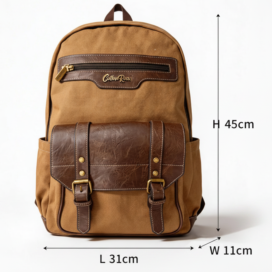 COTTON ROAD BACKPACK: BROWN Canvas and Pu Leather Travel Backpack SIZE