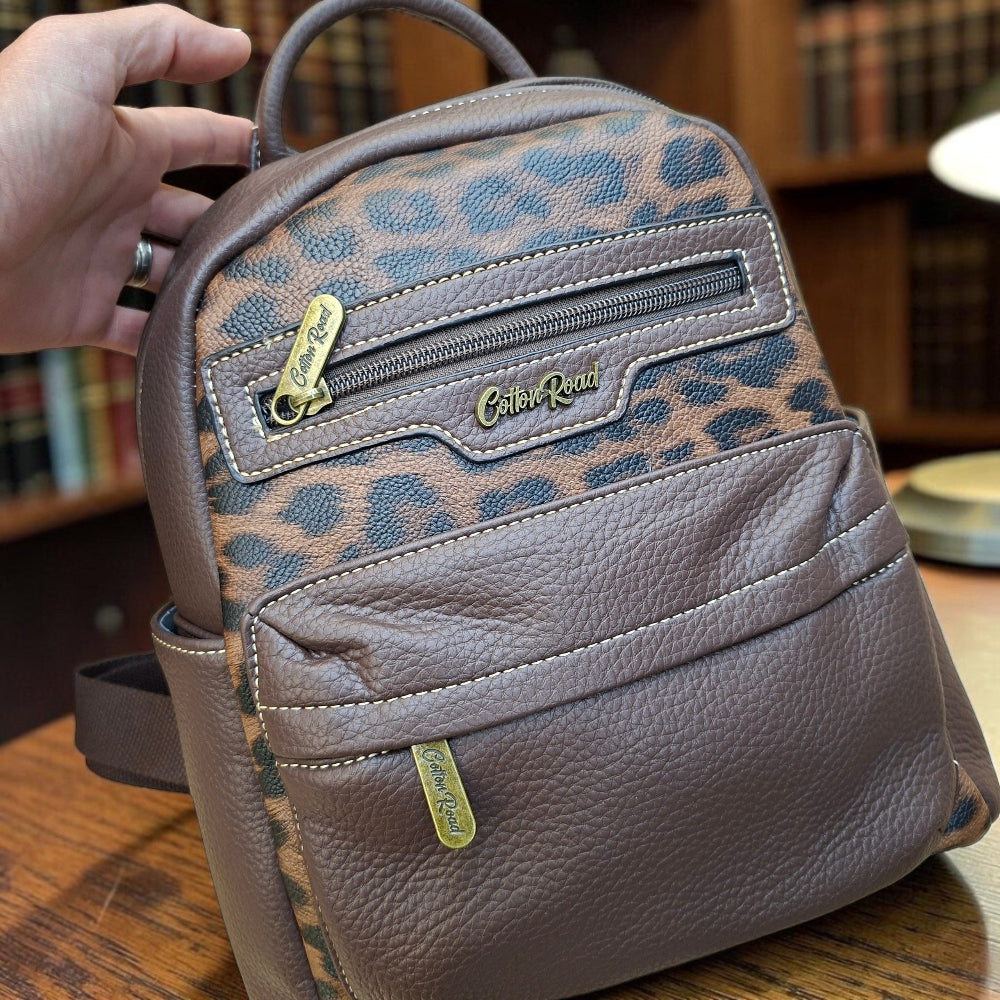 COTTON ROAD BACKPACK: COFFEE BROWN PU Leather Dome BackPack with Leopard Print HERO