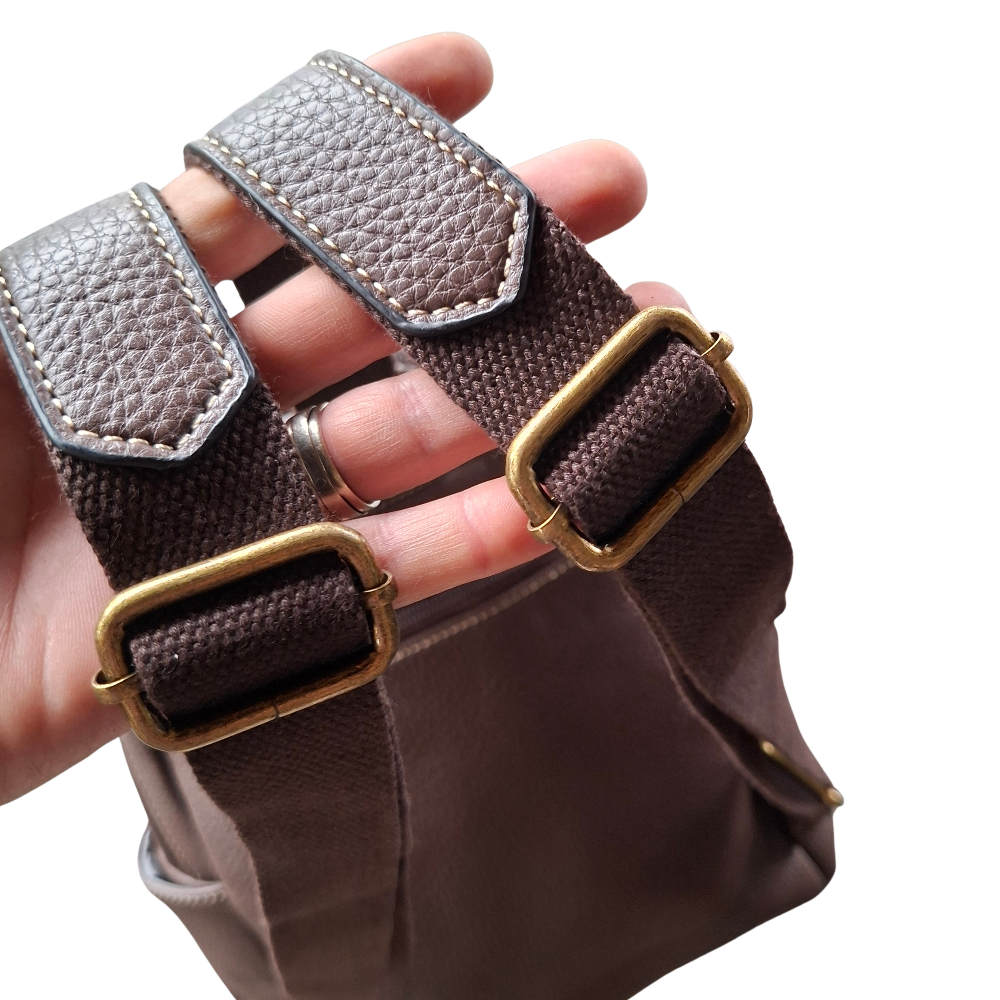 COTTON ROAD BACKPACK: COFFEE BROWN PU Leather Dome BackPack with Leopard Print back strap view