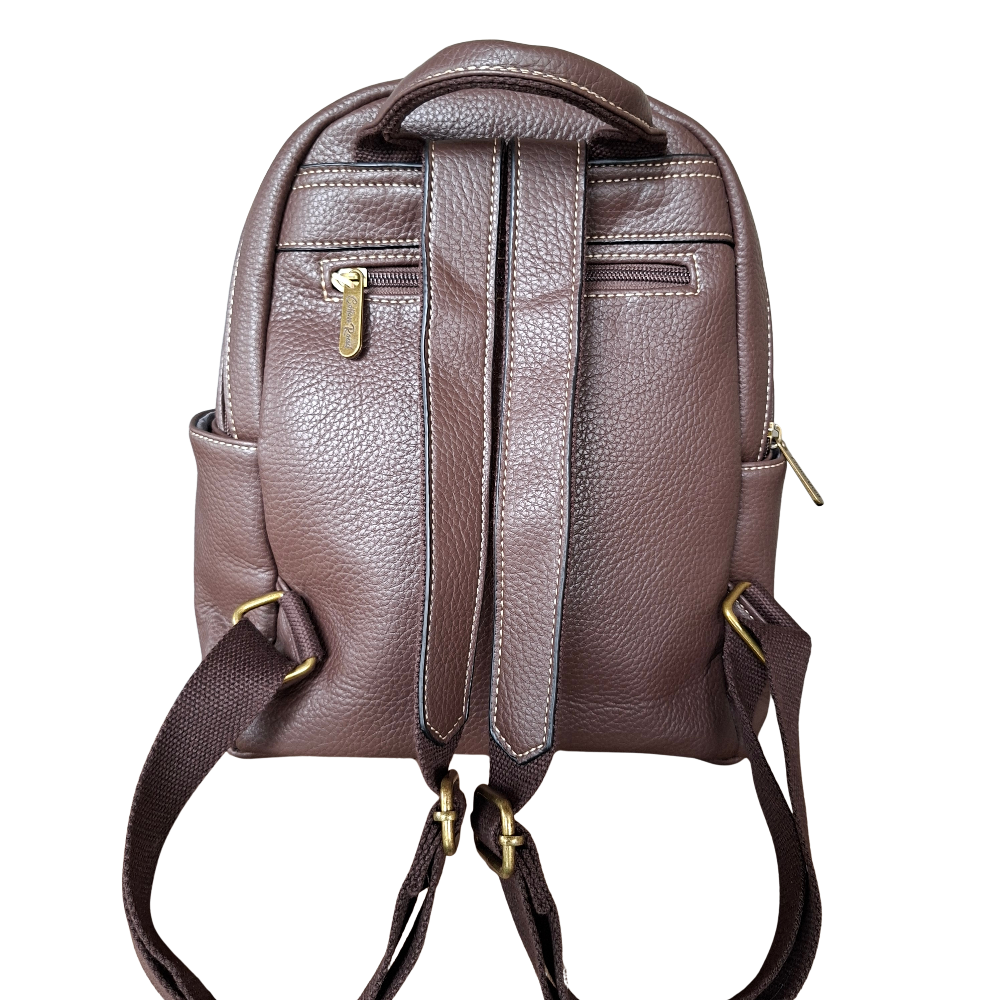 COTTON ROAD BACKPACK: COFFEE BROWN PU Leather Dome BackPack with Leopard Print back view