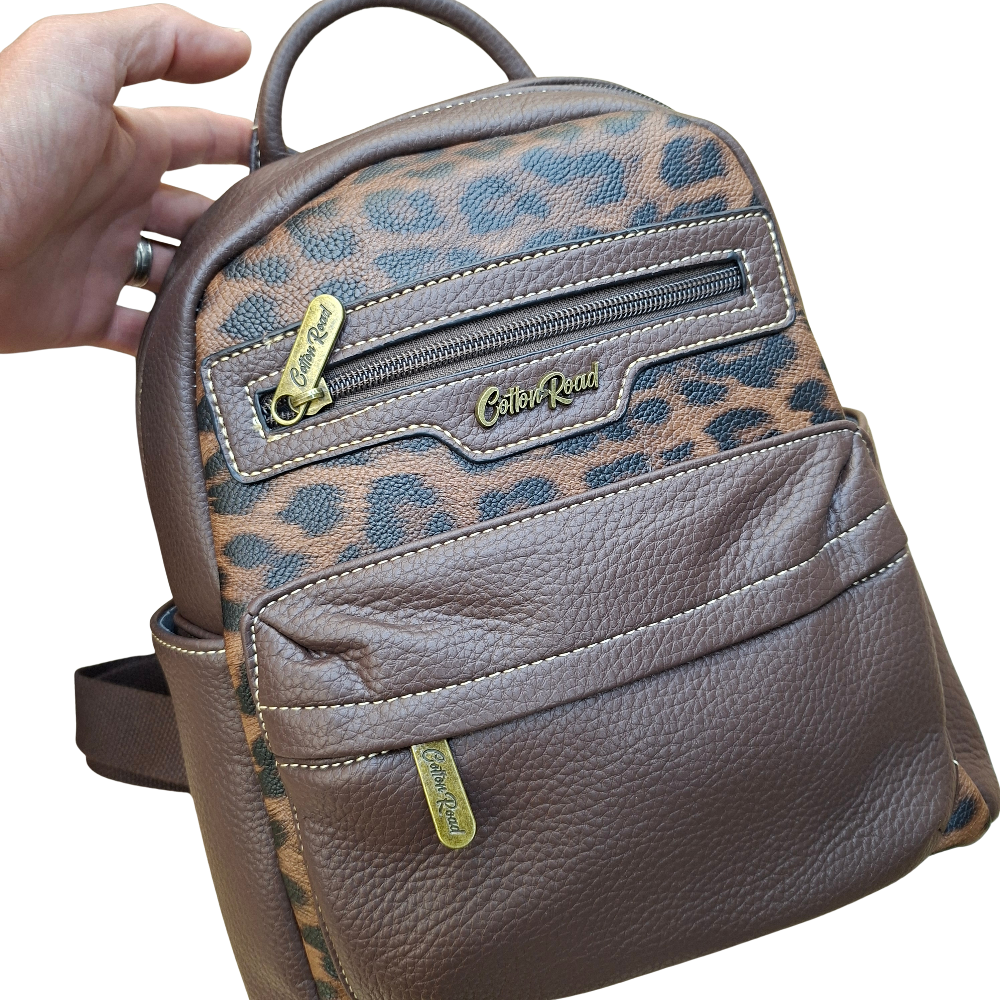 COTTON ROAD BACKPACK: COFFEE BROWN PU Leather Dome BackPack with Leopard Print hand scale view