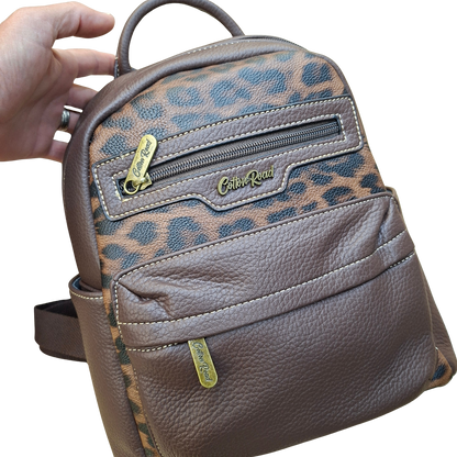 COTTON ROAD BACKPACK: COFFEE BROWN PU Leather Dome BackPack with Leopard Print hand scale view