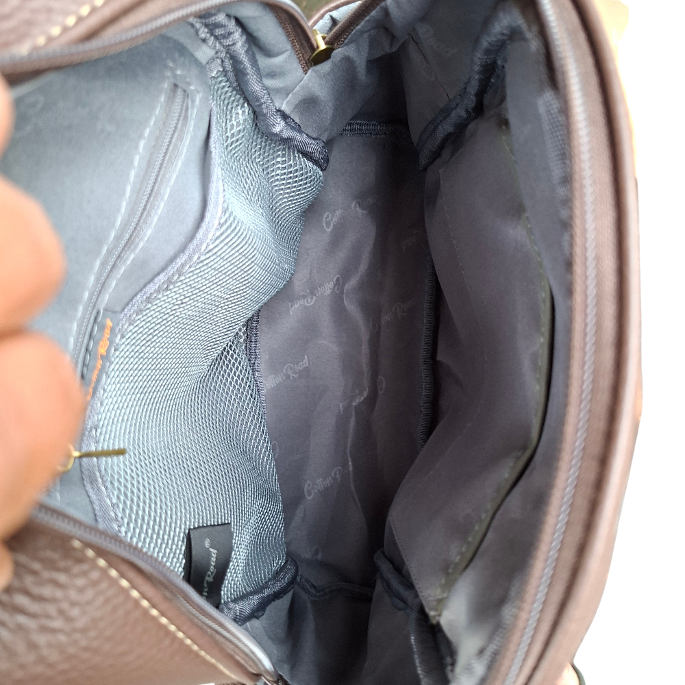 COTTON ROAD BACKPACK: COFFEE BROWN PU Leather Dome BackPack with Leopard Print inside view