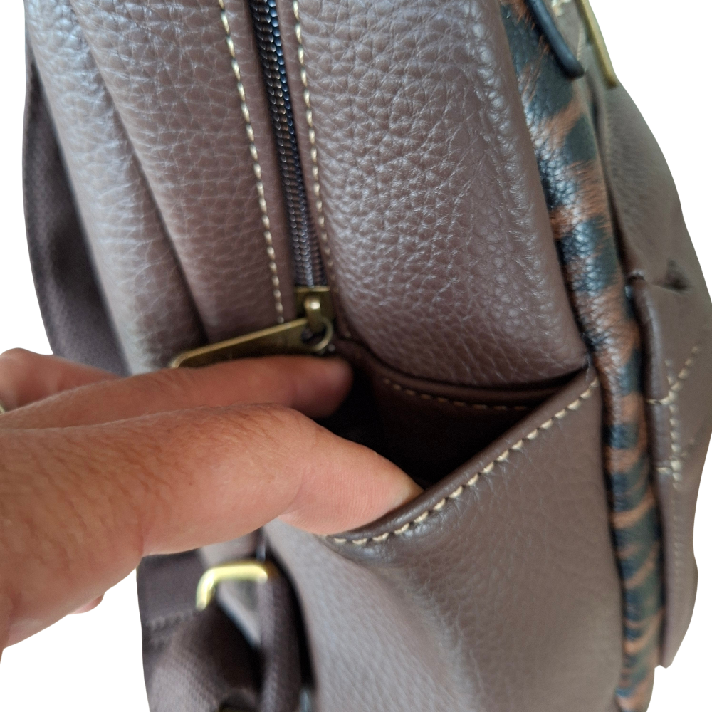 COTTON ROAD BACKPACK: COFFEE BROWN PU Leather Dome BackPack with Leopard Print side pocket