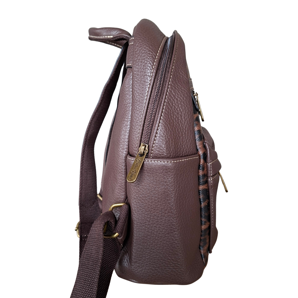 COTTON ROAD BACKPACK: COFFEE BROWN PU Leather Dome BackPack with Leopard Print side view