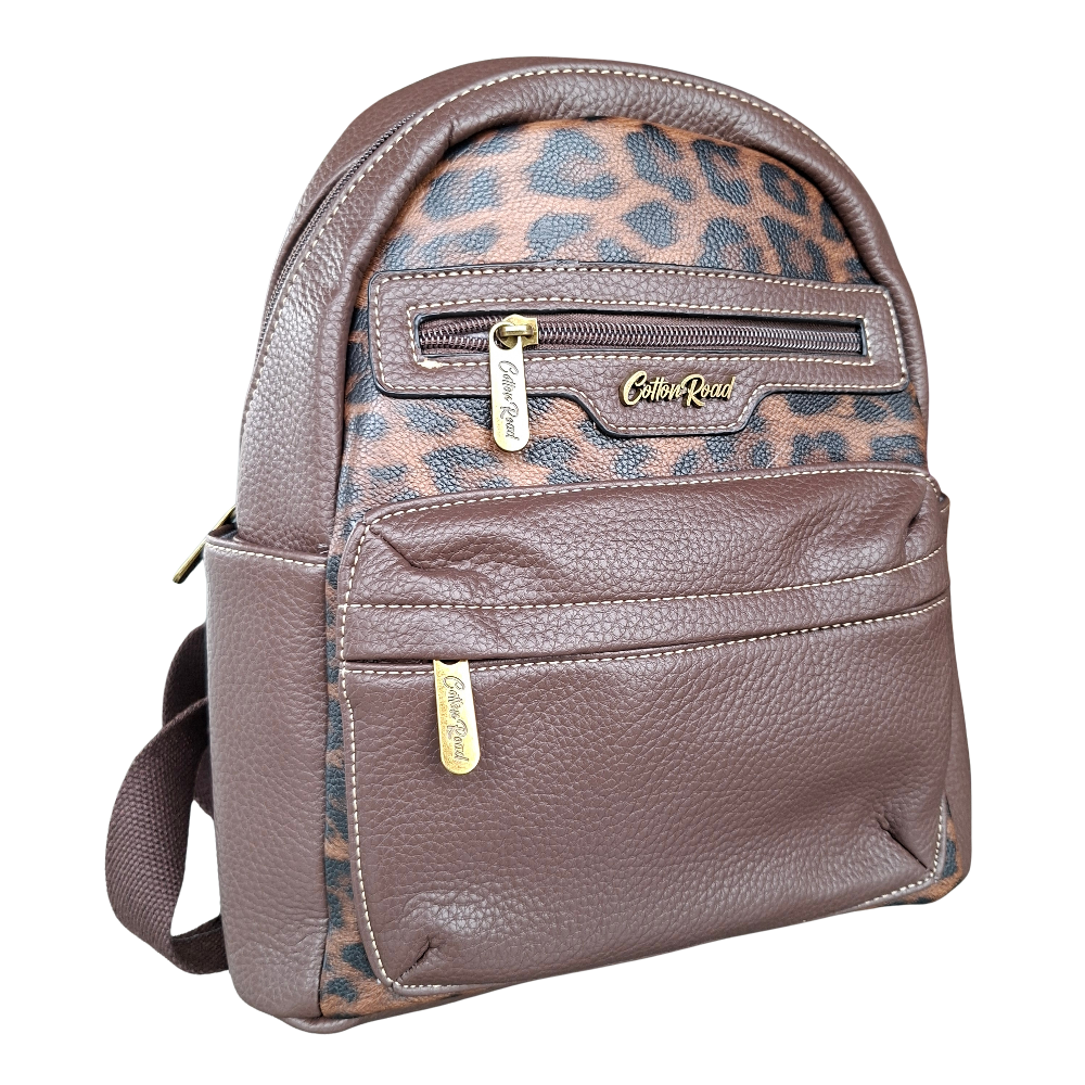 COTTON ROAD BACKPACK: COFFEE BROWN PU Leather Dome BackPack with Leopard Print turn