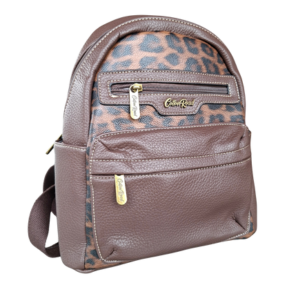 COTTON ROAD BACKPACK: COFFEE BROWN PU Leather Dome BackPack with Leopard Print turn