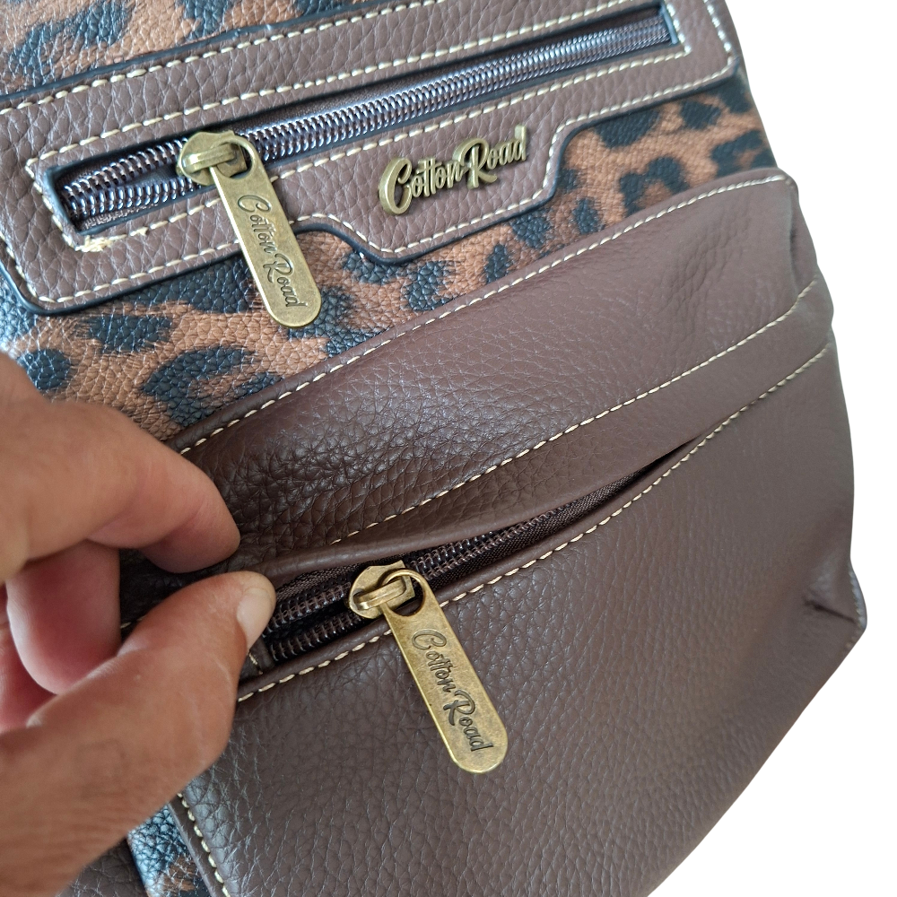 COTTON ROAD BACKPACK: COFFEE BROWN PU Leather Dome BackPack with Leopard Print zoom
