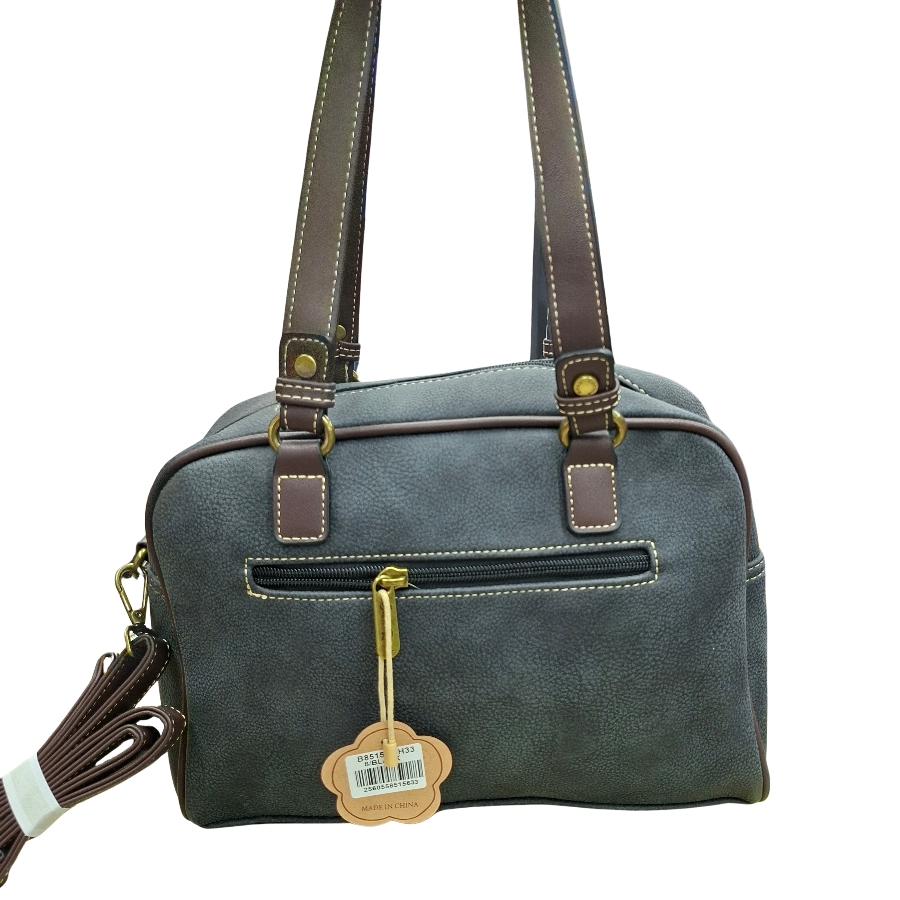 COTTON ROAD HANDBAG: BLACK Faux Leather Shoulder Bag, Top-Handle Satchel with Removable Strap BACK ZOOM VIEW