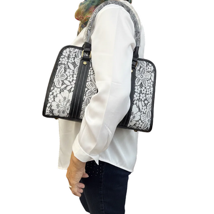 COTTON ROAD HANDBAG: BLACK PU leather Bag with LACE Detailing
